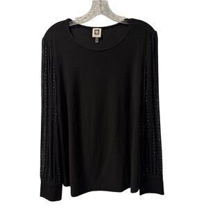 Anne Klein Black Long Sleeve Top With Sequined Sleeves Sz L blouse